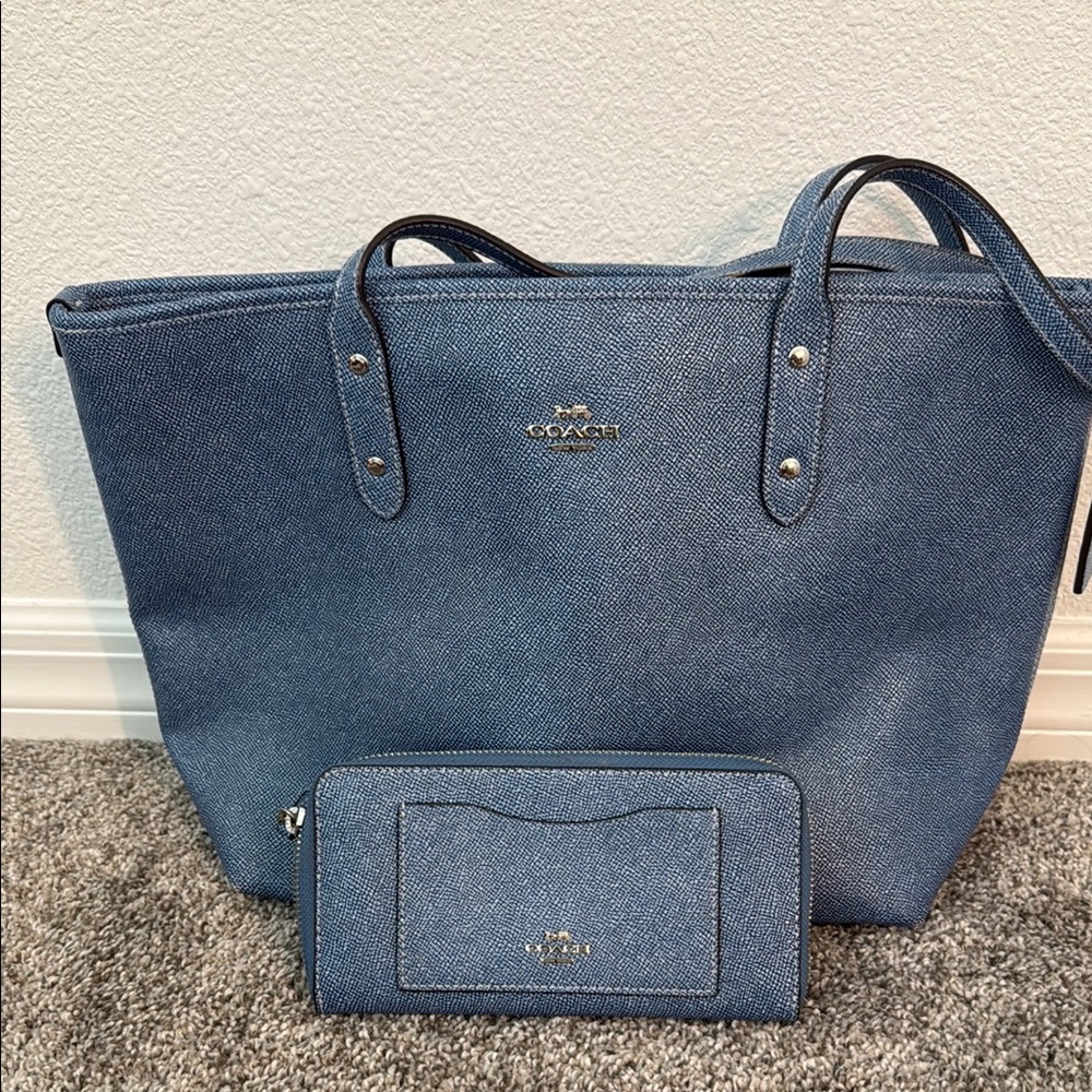 Coach Blue Tote Bag with Leather Handles